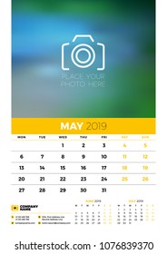 Wall calendar planner template for 2019 year. 3 months on the page. May, June, July. Week starts on Monday. Vector illustration