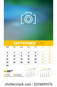 Wall calendar planner template for 2019 year. 3 months on the page. September, October, November. Week starts on Monday. Vector illustration