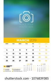 Wall calendar planner template for 2019 year. 3 months on the page. March, April, May. Week starts on Monday. Vector illustration