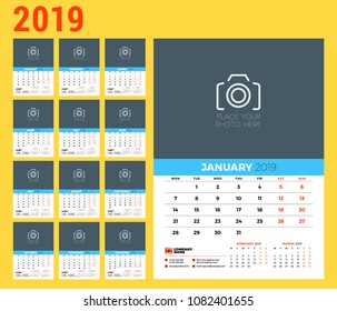Wall calendar planner template for 2019 year. Set of 12 months. Week starts on Monday. Vector illustration