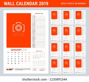 Wall calendar planner template for 2019 year. Set of 12 months. Week starts on Monday. Vector illustration