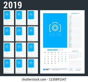 Wall calendar planner template for 2019 year. Set of 12 months. Week starts on Monday. Vector illustration