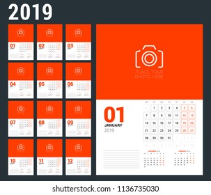 Wall calendar planner template for 2019 year. Set of 12 months. Week starts on Monday. Vector illustration