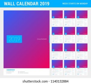 Wall calendar planner template for 2019 year. Set of 12 months. Week starts on Monday. Vector illustration