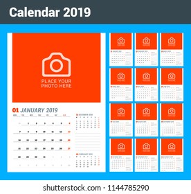 Wall calendar planner template for 2019 year. Vector design print template with place for photo. Week starts on Monday. 3 Months on page