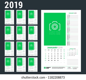 Wall calendar planner template for 2019 year. Week starts on Sunday. Vector illustration