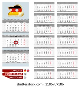 Wall calendar planner template for 2019 year. Germany and English language. Week starts from Monday. Ready for print. Vector Illustration.