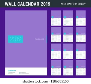 Wall calendar planner template for 2019 year. Set of 12 months. Week starts on Sunday. Vector illustration