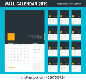 Wall calendar planner template for 2019 year. Set of 12 months. Week starts on Sunday. Vector illustration