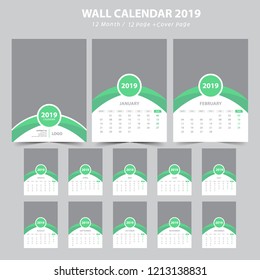 Wall calendar planner template for 2019 year. Set of 12 months. Week starts on Monday. 