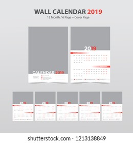Plantilla de planificación del calendario mural para el año 2019. Conjunto de 12 meses. La semana empieza el lunes.