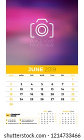 Wall calendar planner template for 2019 year. 3 months on the page. June, July, August. Week starts on Sunday. Vector illustration