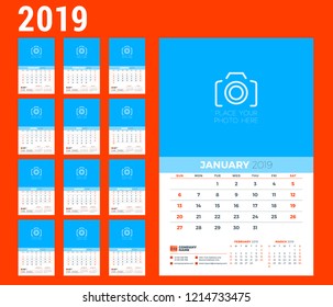 Wall calendar planner template for 2019 year. Set of 12 months. Week starts on Sunday. Vector illustration