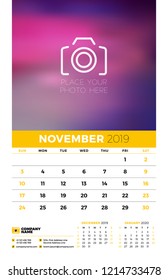 Wall calendar planner template for 2019 year. 3 months on the page. November, December, January 2020. Week starts on Sunday. Vector illustration