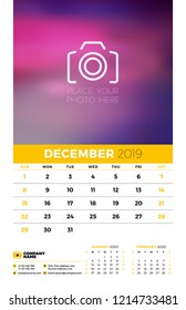 Wall calendar planner template for 2019 year. 3 months on the page. December, January 2020, February 2020. Week starts on Sunday. Vector illustration