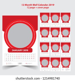 Wall calendar planner template for 2019 year. Set of 12 months. Week starts on Monday. Vector illustration