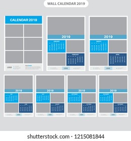 Wall calendar planner template for 2019 year. Set of 12 months. Week starts on Monday. Vector illustration