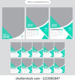 Wall calendar planner template for 2019 year. Set of 12 months. Week starts on Monday. Vector illustration