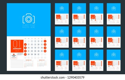 Wall calendar planner template for 2019 year. Week starts on Sunday. Vector illustration