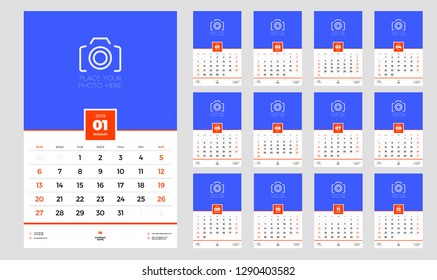 Wall calendar planner template for 2019 year. Week starts on Sunday. Vector illustration