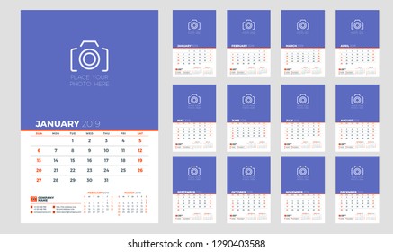 Wall calendar planner template for 2019 year. Week starts on Sunday. Vector illustration