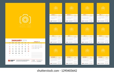 Wall calendar planner template for 2019 year. Week starts on Sunday. Vector illustration