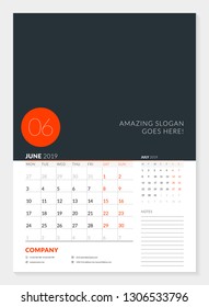 Wall calendar planner template for 2019 year. 2 months on the page. June, July. Week starts on Monday. Vector illustration