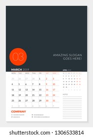 Wall calendar planner template for 2019 year. 2 months on the page. March, April. Week starts on Monday. Vector illustration