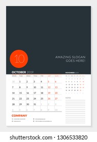 Wall calendar planner template for 2019 year. 2 months on the page. October, November. Week starts on Monday. Vector illustration