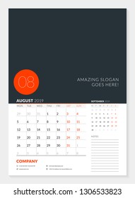 Wall calendar planner template for 2019 year. 2 months on the page. August, September. Week starts on Monday. Vector illustration