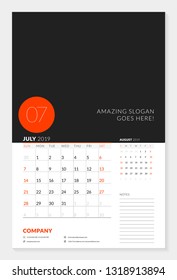 Wall calendar planner template for 2019 year. 2 months on the page. July, August. Week starts on Sunday. Vector illustration