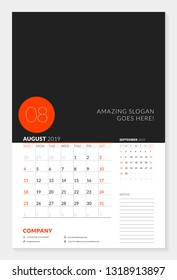 Wall calendar planner template for 2019 year. 2 months on the page. August, September. Week starts on Sunday. Vector illustration