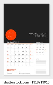 Wall calendar planner template for 2019 year. 2 months on the page. January, February. Week starts on Sunday. Vector illustration