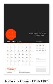 Wall calendar planner template for 2019 year. 2 months on the page. November, December. Week starts on Sunday. Vector illustration