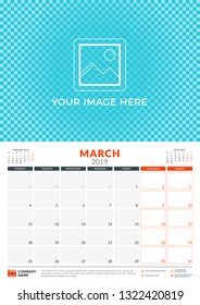 Wall calendar planner template for 2019 year. March 2019. Week starts on Monday. Vector illustration