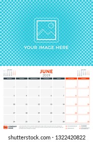 Wall calendar planner template for 2019 year. June 2019. Week starts on Monday. Vector illustration