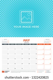 Wall calendar planner template for 2019 year. July 2019. Week starts on Monday. Vector illustration