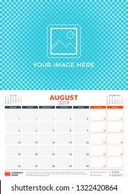 Wall calendar planner template for 2019 year. August 2019. Week starts on Monday. Vector illustration