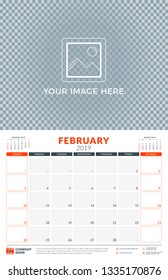 Wall calendar planner template for 2019 year. February 2019. Week starts on Sunday. Vector illustration