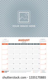 Wall calendar planner template for 2019 year. August 2019. Week starts on Sunday. Vector illustration
