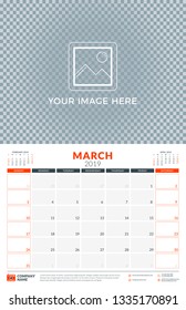 Wall calendar planner template for 2019 year. March 2019. Week starts on Sunday. Vector illustration