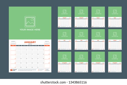 Wall calendar planner template for 2019 year. Week starts on Sunday. Vector illustration