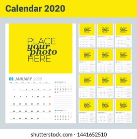 Wall calendar planner template for 2020 year. Vector design print template with place for photo. Week starts on Monday. 3 months on page