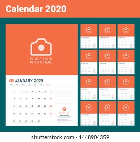 Wall calendar planner template for 2020 year. Vector design print template with place for photo. Week starts on Monday