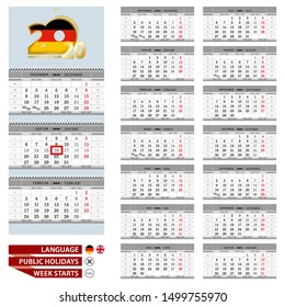 Wall calendar planner template for 2020 year. Germany and English language. Week starts from Monday. Ready for print. Vector Illustration.