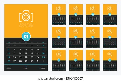 Wall calendar planner template for 2020 year. Set of 12 months. Week starts on Sunday. Vector illustration