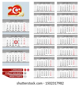 Wall calendar planner template for 2020 year. Turkish and English language. Week starts from Monday. Ready for print. Vector Illustration.