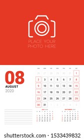 Wall calendar planner template for 2020 year. August 2020. 3 months on the page. Week starts on Sunday. Vector illustration