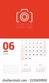 Wall calendar planner template for 2020 year. June 2020. 3 months on the page. Week starts on Sunday. Vector illustration