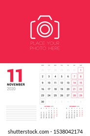 Wall calendar planner template for 2020 year. November 2020. 3 months on the page. Week starts on Monday. Vector illustration